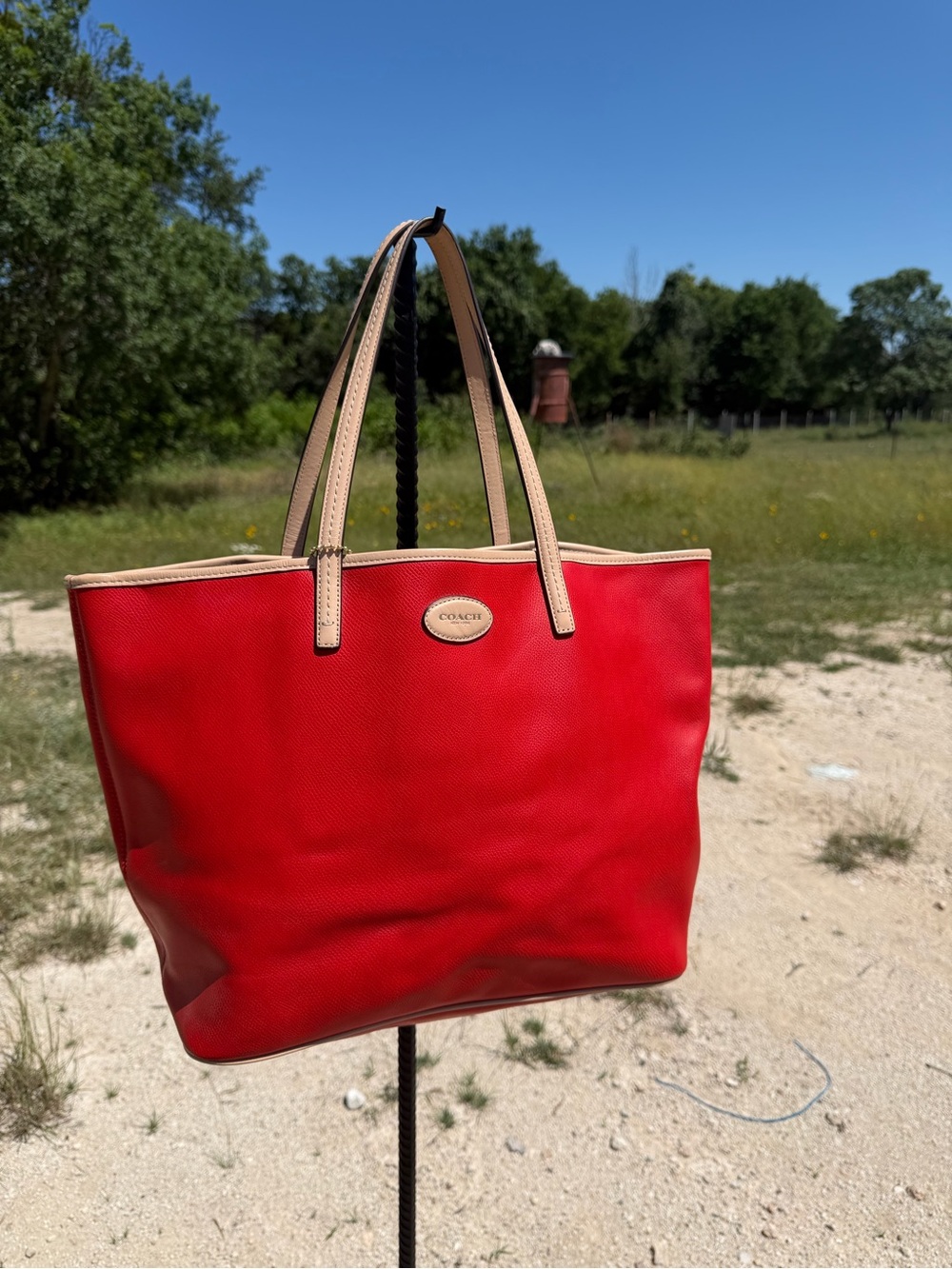 COACH Metro Vermillion Cross Grain Red Leather Large Tote Bag